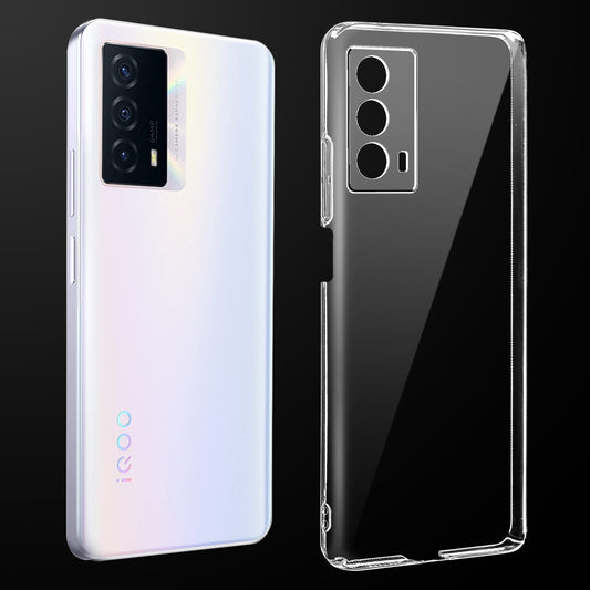 Transparent anti-yellow hard back case fitted on iQOO Z5 showing full back coverage and camera protection