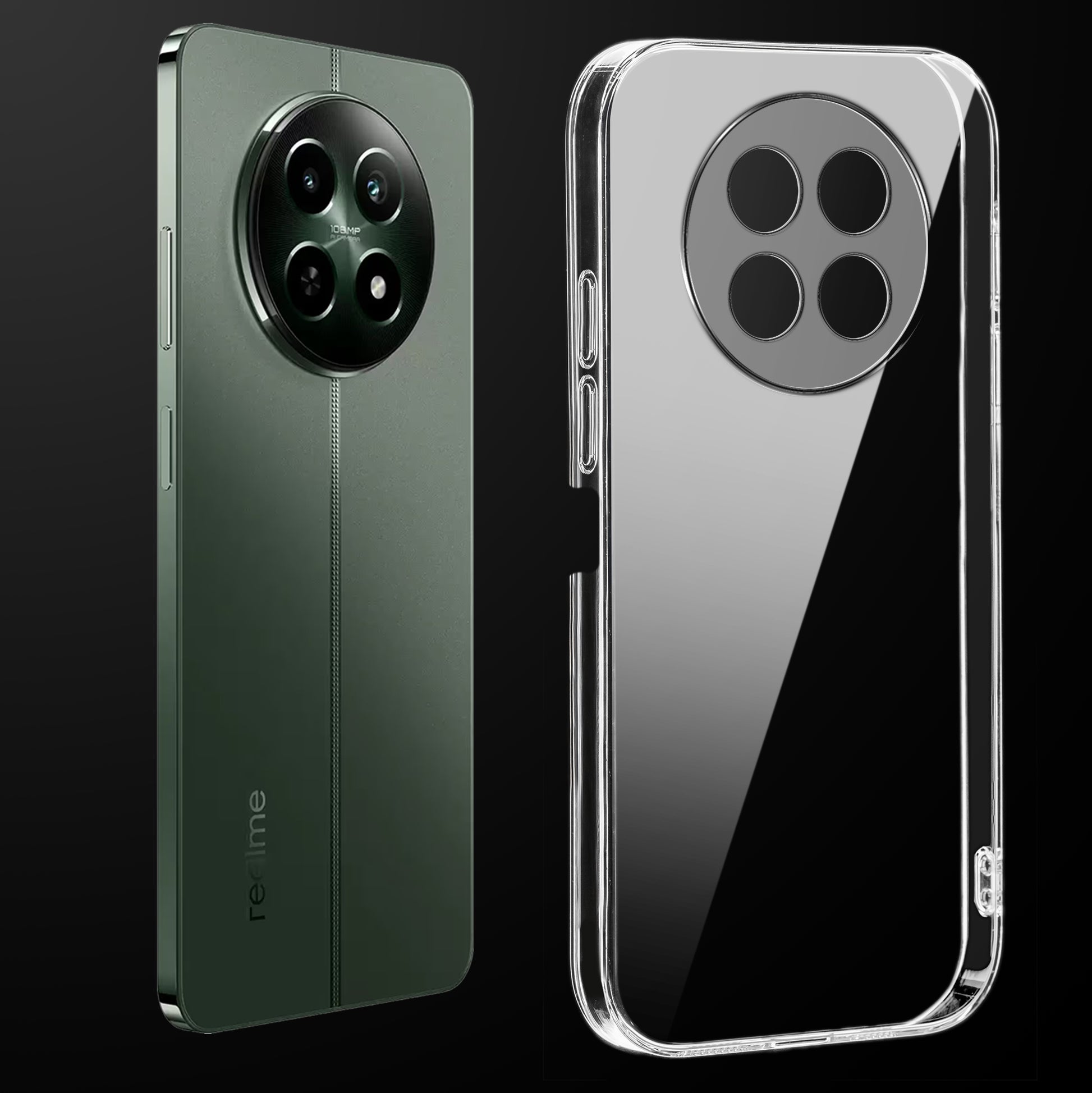 Transparent anti-yellow hard back case fitted on Realme 12X 5G showing full back coverage and camera protection