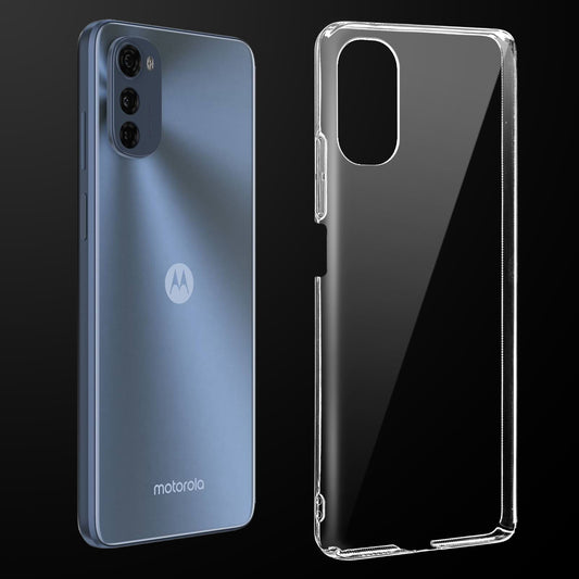 Transparent anti-yellow hard back case fitted on Motorola Moto E32s showing full back coverage and camera protection