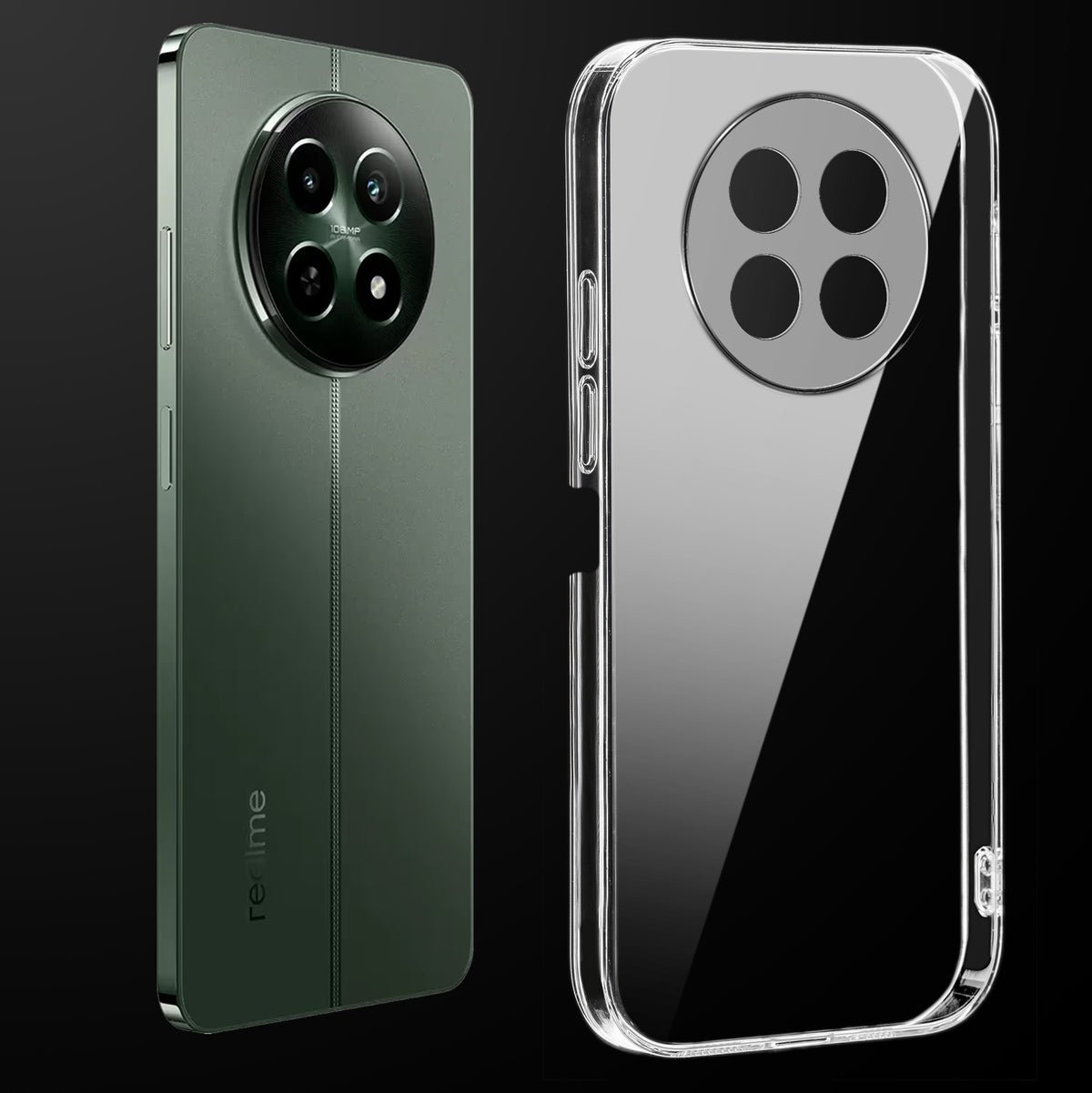 Transparent anti-yellow hard back case fitted on Realme C65 5G showing full back coverage and camera protection