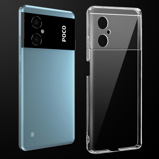 Transparent anti-yellow hard back case fitted on Poco M4 5G showing full back coverage and camera protection