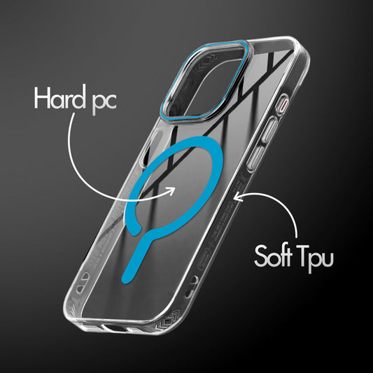 Crystal Clear Magnetic Back Case for Apple iPhone 15 Pro Max with Air Cushion Bumper & Metal Finish Buttons