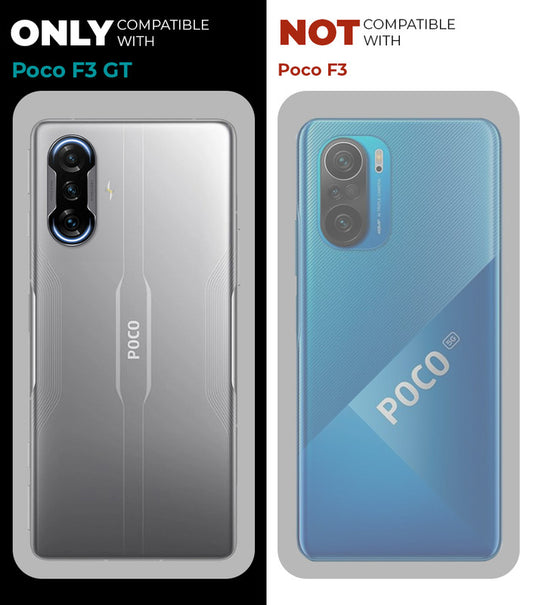 Clear hard back case compatibility guide showing fit for Poco F3 GT and not compatible with other models