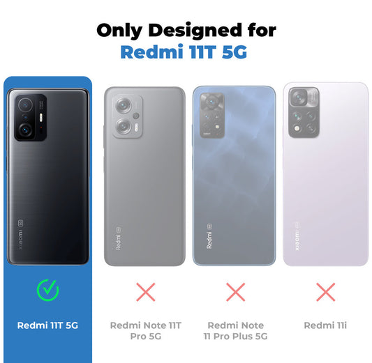 Clear hard back case compatibility guide showing fit for Redmi 11T 5G and not compatible with other models