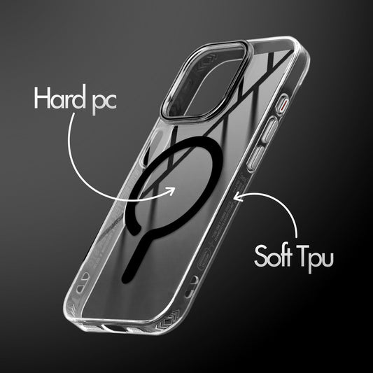 Crystal Clear Magnetic Back Case for Apple iPhone 15 Pro Max with Air Cushion Bumper & Metal Finish Buttons