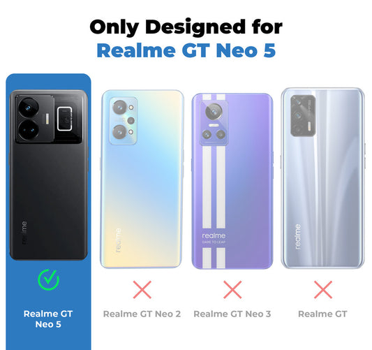 Clear hard back case compatibility guide showing fit for Realme GT Neo 5 and not compatible with other models