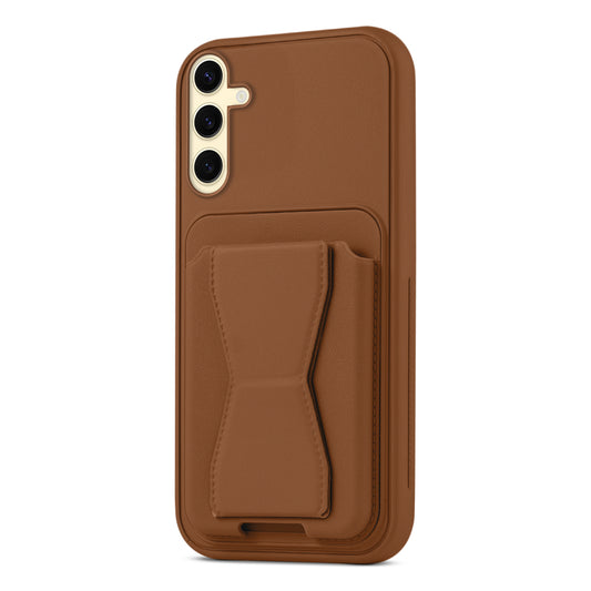 All in One Premium Leather Back Cover for Samsung S24 FE 5G with Card Slot & Foldable Grip Holder