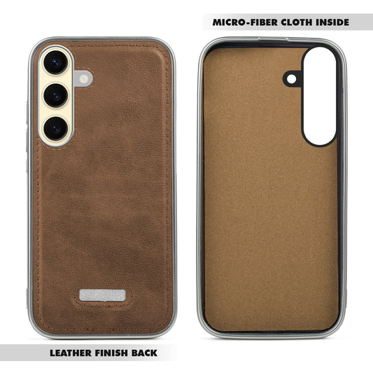 Sophisticated Leather Cover for Samsung S25 5G with Shiny Silver Edges, Stitched Back Design & Hard Shell Protection