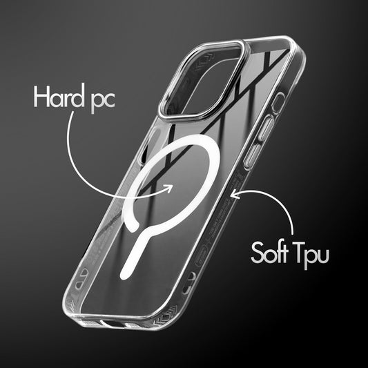 Crystal Clear Magnetic Back Case for Apple iPhone 14 Pro Max with Air Cushion Bumper & Metal Finish Buttons