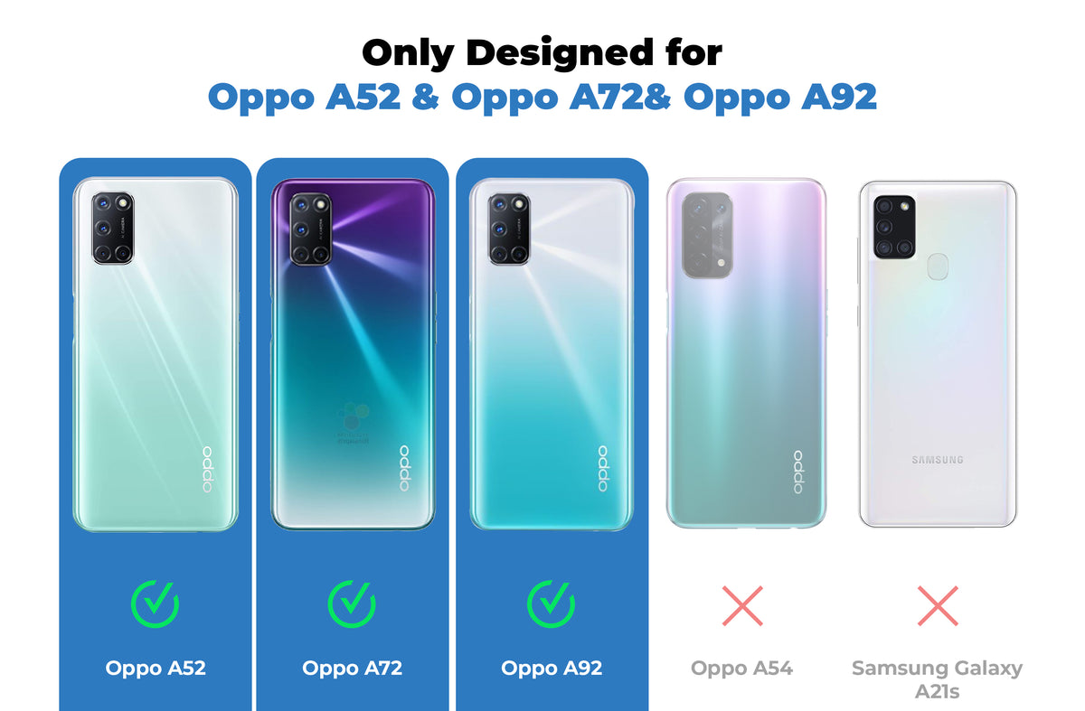 Clear hard back case compatibility guide showing fit for Oppo A52 and not compatible with other models