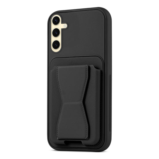 All in One Premium Leather Back Cover for Samsung S25 5G with Card Slot & Foldable Grip Holder