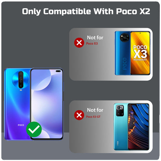 Clear hard back case compatibility guide showing fit for Poco X2 and not compatible with other models