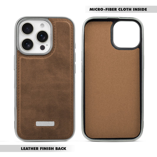 Sophisticated Leather Cover for Apple iPhone 15 Pro Max with Shiny Silver Edges, Stitched Back Design & Hard Shell Protection