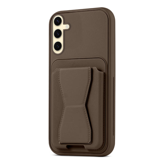 All in One Premium Leather Back Cover for Samsung S25 5G with Card Slot & Foldable Grip Holder