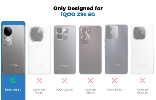 Clear hard back case compatibility guide showing fit for iQOO Z9s 5G and not compatible with other models