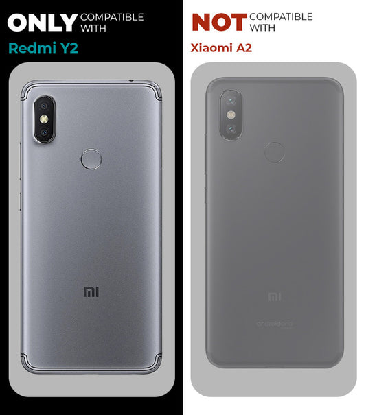 Clear hard back case compatibility guide showing fit for Redmi Y2 and not compatible with other models