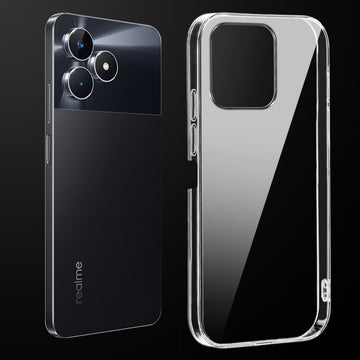 Transparent anti-yellow hard back case fitted on Realme Narzo N53 showing full back coverage and camera protection