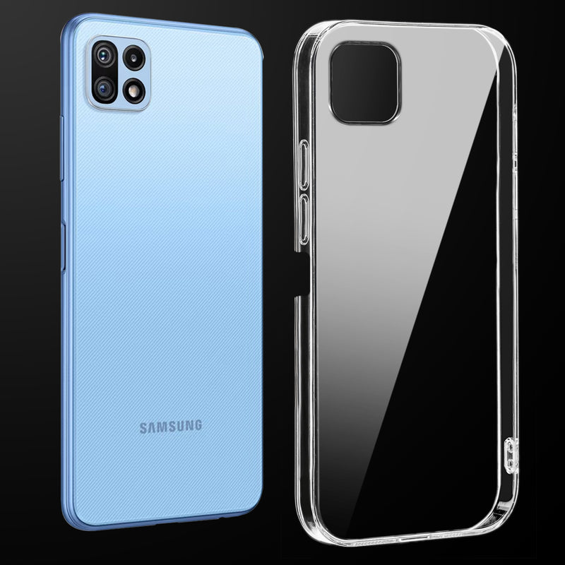 Transparent anti-yellow hard back case fitted on Samsung F42 5G showing full back coverage and camera protection