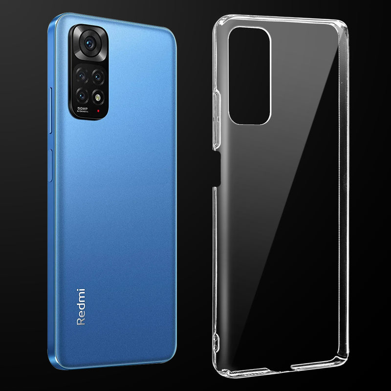 Transparent anti-yellow hard back case fitted on Redmi Note 11s showing full back coverage and camera protection