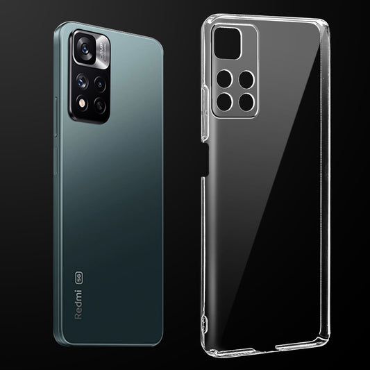 Transparent anti-yellow hard back case fitted on Redmi 11i showing full back coverage and camera protection