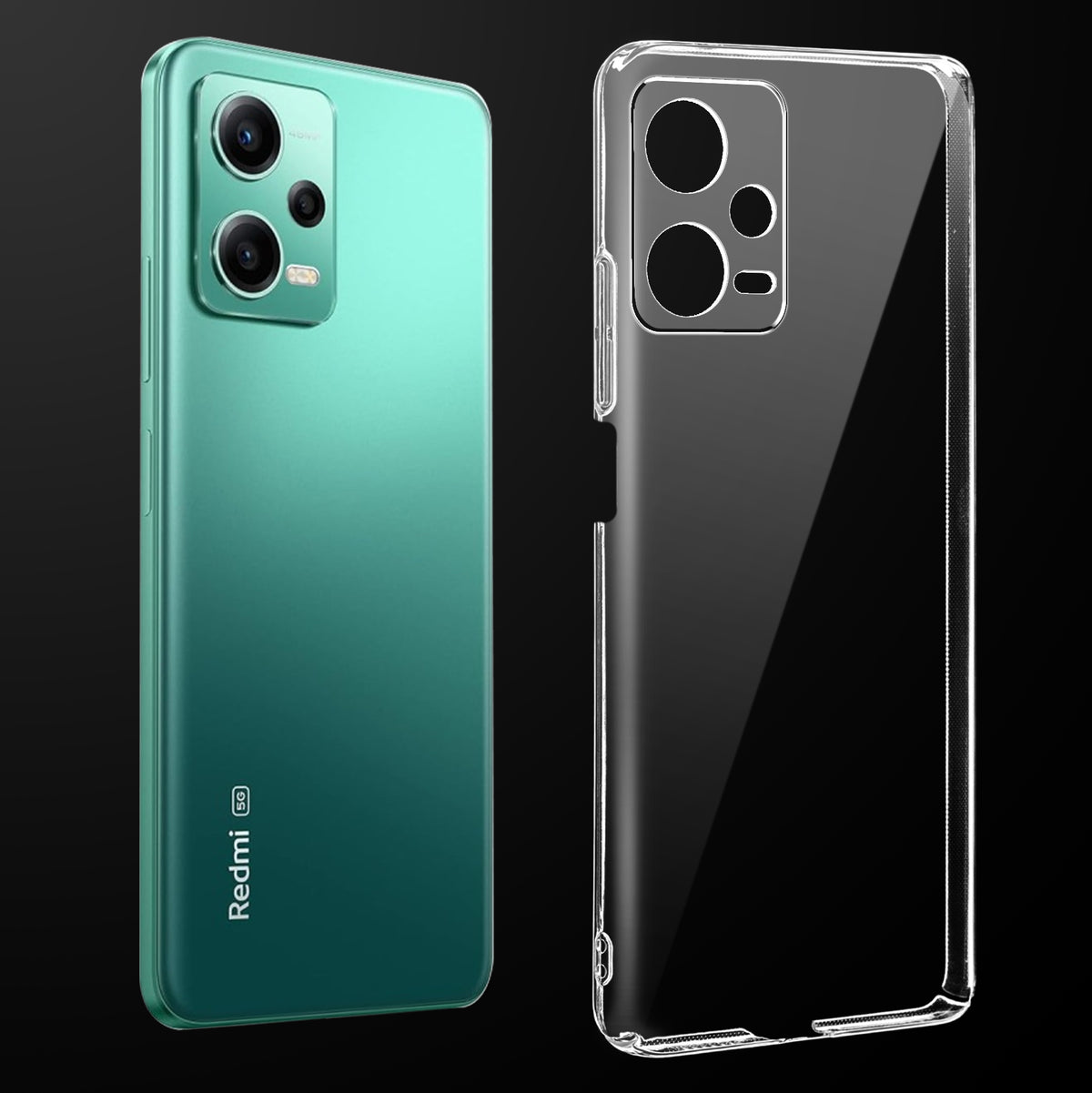 Transparent anti-yellow hard back case fitted on Redmi Note 12 Pro 5G showing full back coverage and camera protection
