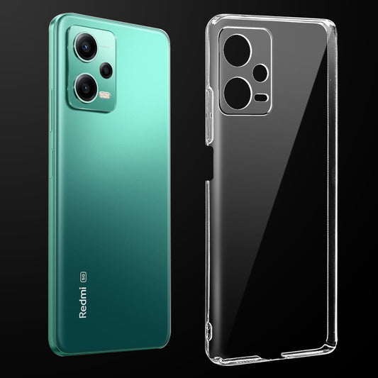Transparent anti-yellow hard back case fitted on Redmi Note 12 Pro 5G showing full back coverage and camera protection