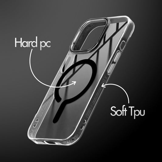 Crystal Clear Magnetic Back Case for Apple iPhone 14 Pro Max with Air Cushion Bumper & Metal Finish Buttons