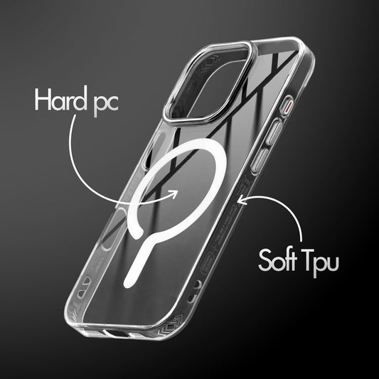 Crystal Clear Magnetic Back Case for Apple iphone 16 Pro Max with Air Cushion Bumper & Metal Finish Buttons