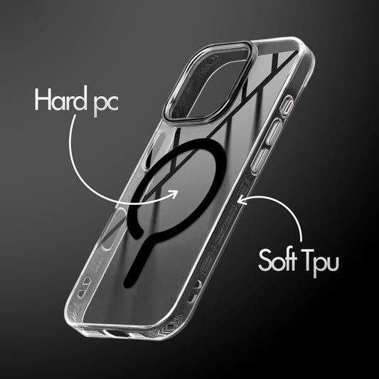 Crystal Clear Magnetic Back Case for Apple iphone 16 Pro Max with Air Cushion Bumper & Metal Finish Buttons