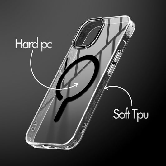 Crystal Clear Magnetic Back Case for Apple iPhone 14 with Air Cushion Bumper & Metal Finish Buttons
