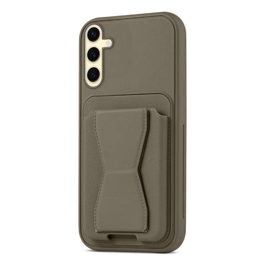 All in One Premium Leather Back Cover for Samsung S25 5G with Card Slot & Foldable Grip Holder