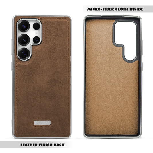Sophisticated Leather Cover for Samsung S24 Ultra 5G with Shiny Silver Edges, Stitched Back Design & Hard Shell Protection