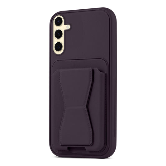 All in One Premium Leather Back Cover for Samsung S25 5G with Card Slot & Foldable Grip Holder