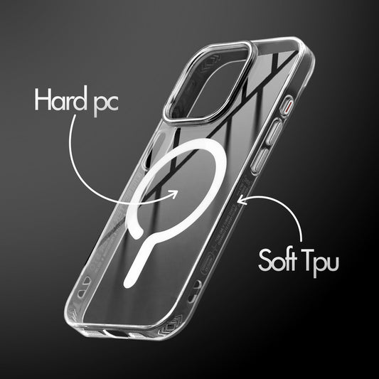 Crystal Clear Magnetic Back Case for Apple iPhone 15 Pro Max with Air Cushion Bumper & Metal Finish Buttons