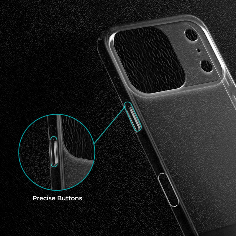 Close-up view of transparent case showing precise button cutouts and responsive side button coverage for Apple iPhone 17 Pro
