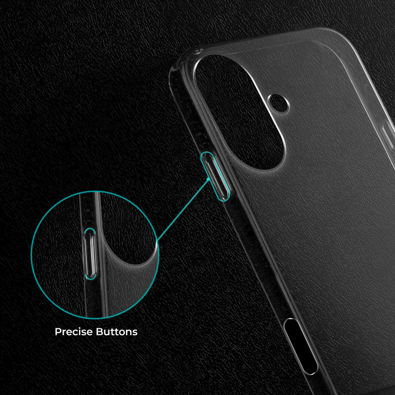 Close-up view of transparent case showing precise button cutouts and responsive side button coverage for Apple iPhone 17