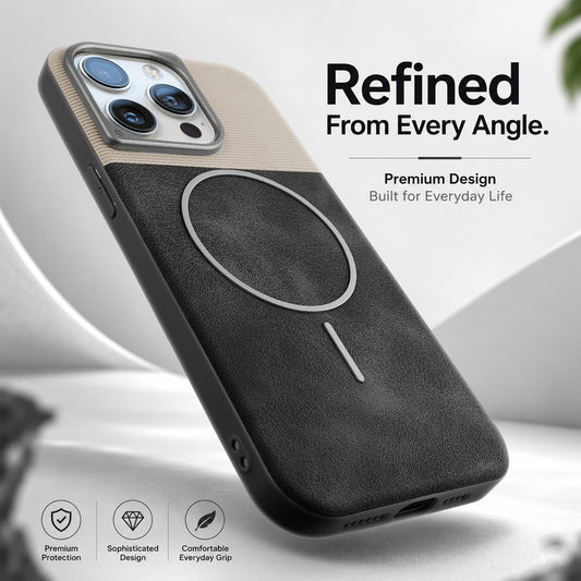 Premium Leather Wireless Charging Support Cover for Apple iPhone 14 Pro Max with Metal Camera Frame & Soft Microfiber Interior