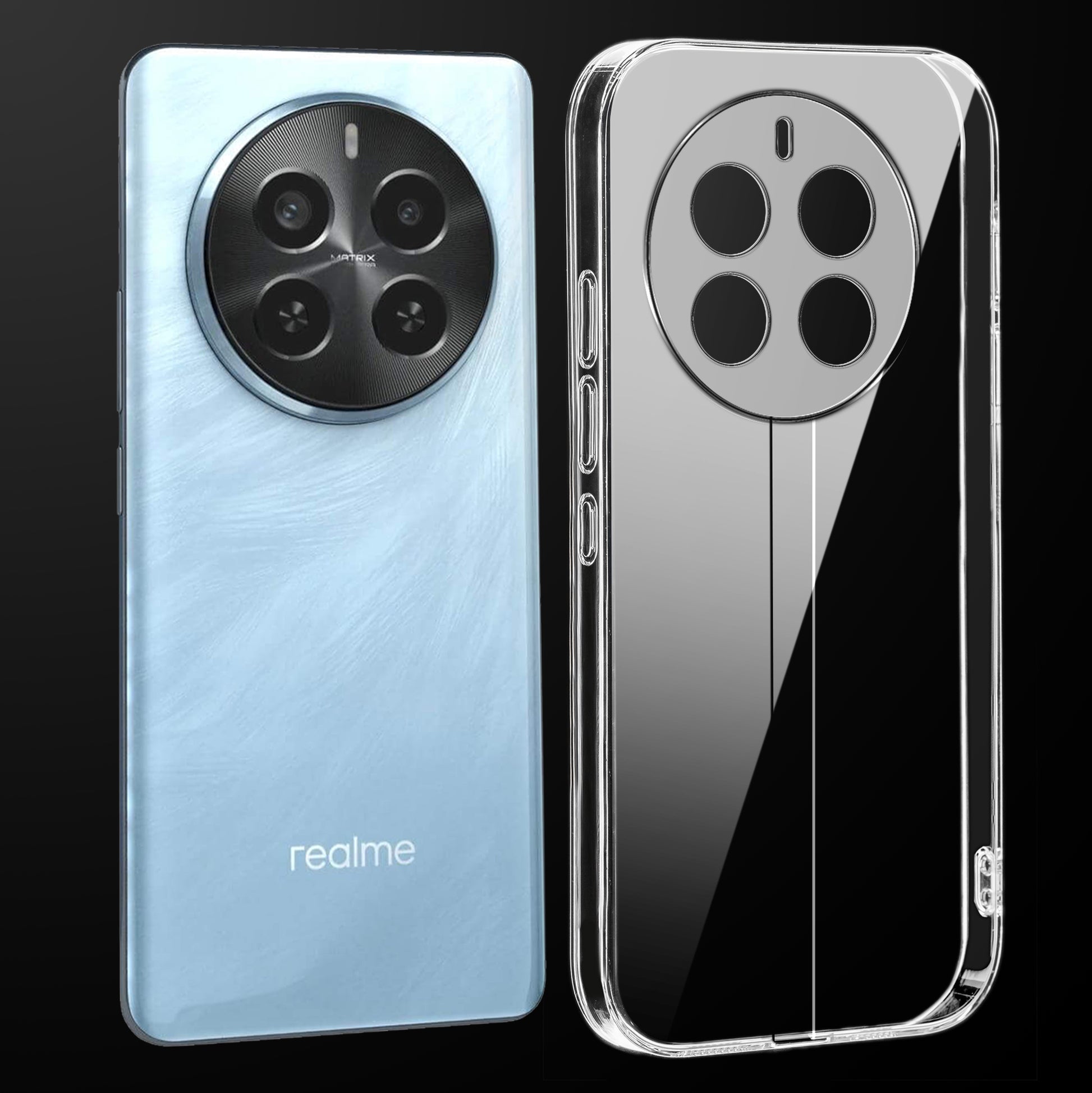 Transparent anti-yellow hard back case fitted on Realme P1 5G showing full back coverage and camera protection