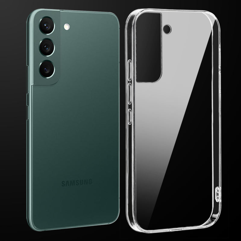 Transparent anti-yellow hard back case fitted on Samsung S22 5G showing full back coverage and camera protection