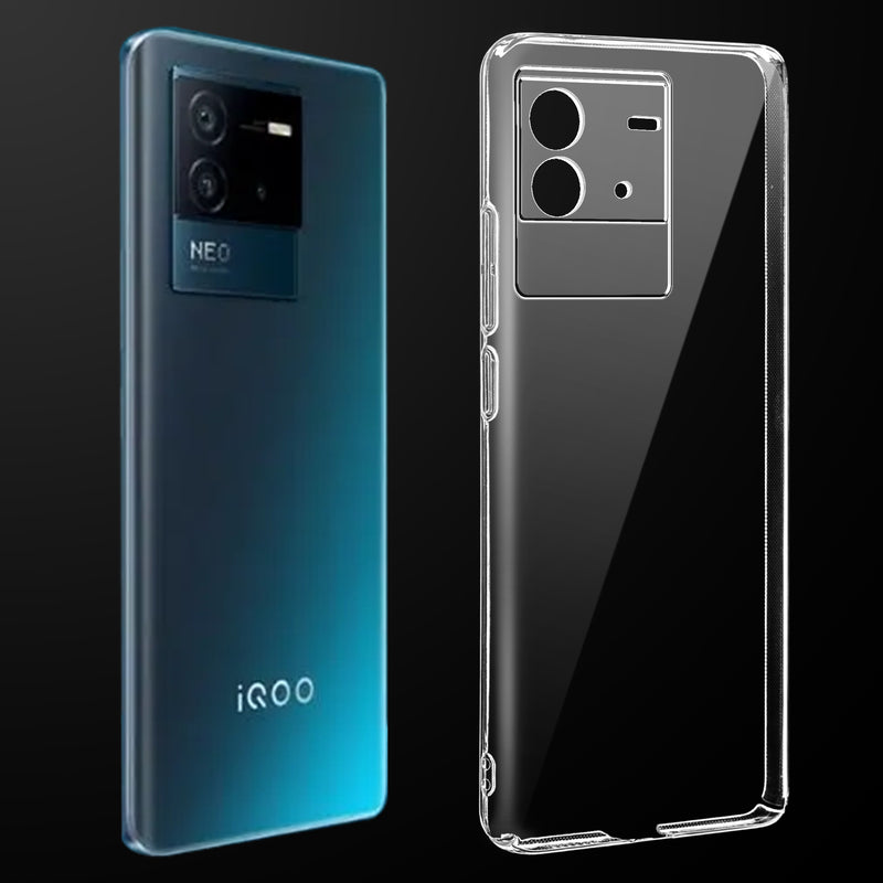 Transparent anti-yellow hard back case fitted on iQOO Neo 6 5G showing full back coverage and camera protection