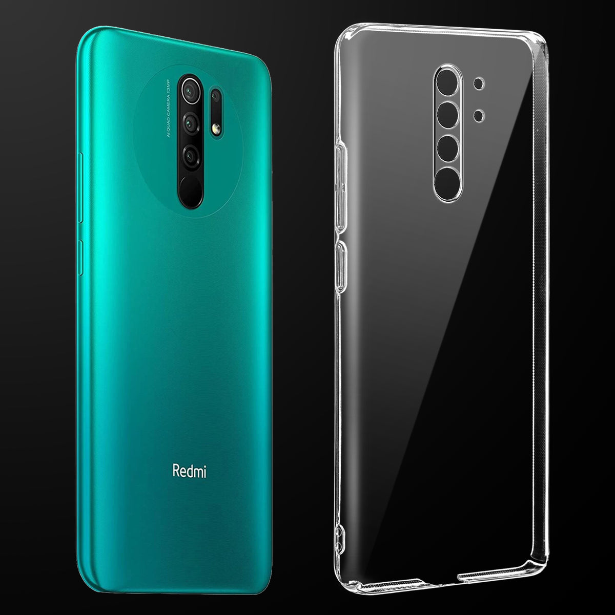 Transparent anti-yellow hard back case fitted on Redmi 9 Prime showing full back coverage and camera protection