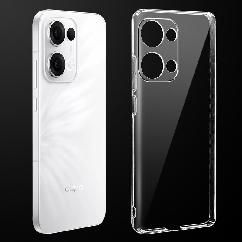 Transparent anti-yellow hard back case fitted on Oppo Reno 13 5G showing full back coverage and camera protection