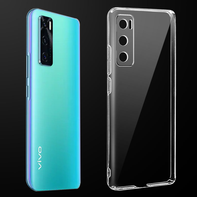 Transparent anti-yellow hard back case fitted on Vivo V20 SE showing full back coverage and camera protection