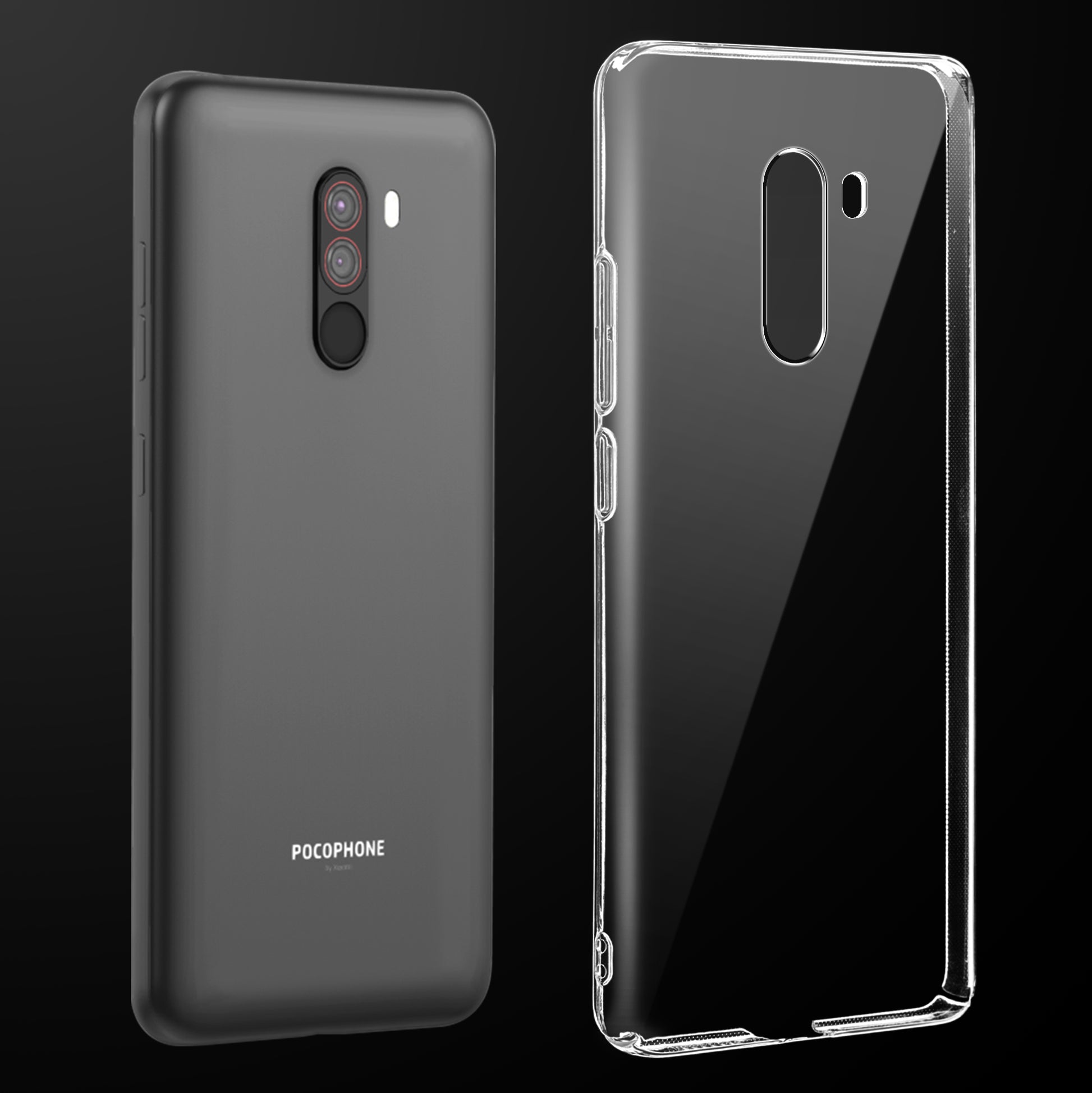 Transparent anti-yellow hard back case fitted on Poco F1 showing full back coverage and camera protection