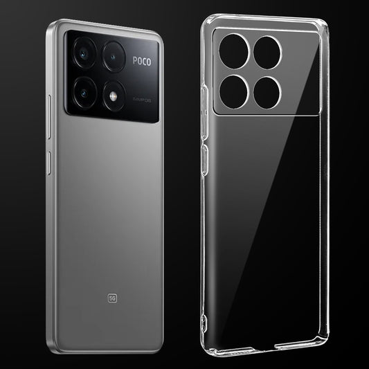 Transparent anti-yellow hard back case fitted on Poco X6 Pro 5G showing full back coverage and camera protection