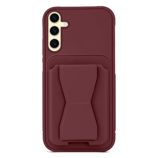 All in One Premium Leather Back Cover for Samsung S25 5G with Card Slot & Foldable Grip Holder