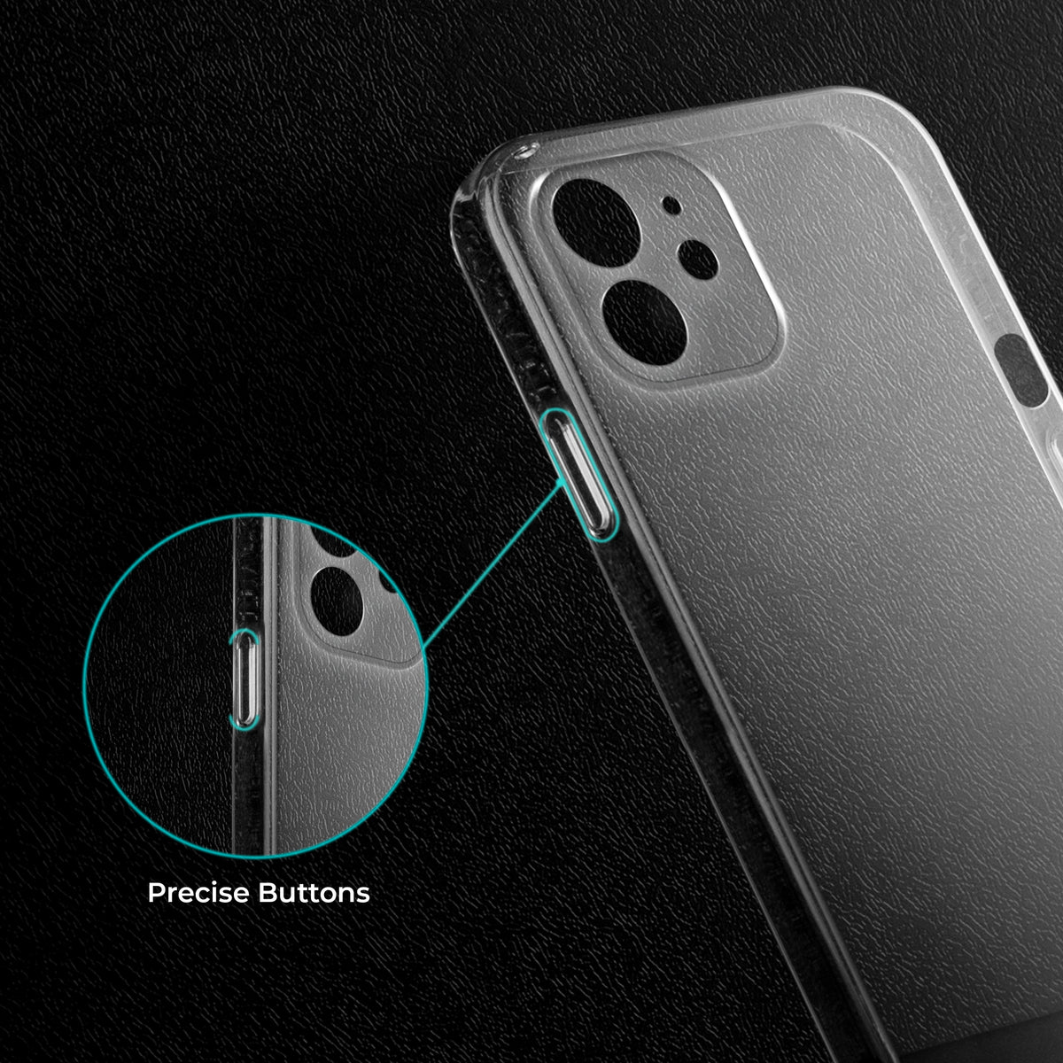 Close-up view of transparent case showing precise button cutouts and responsive side button coverage for Apple iPhone 12 Mini