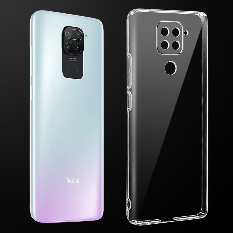 Transparent anti-yellow hard back case fitted on Redmi Note 9 showing full back coverage and camera protection