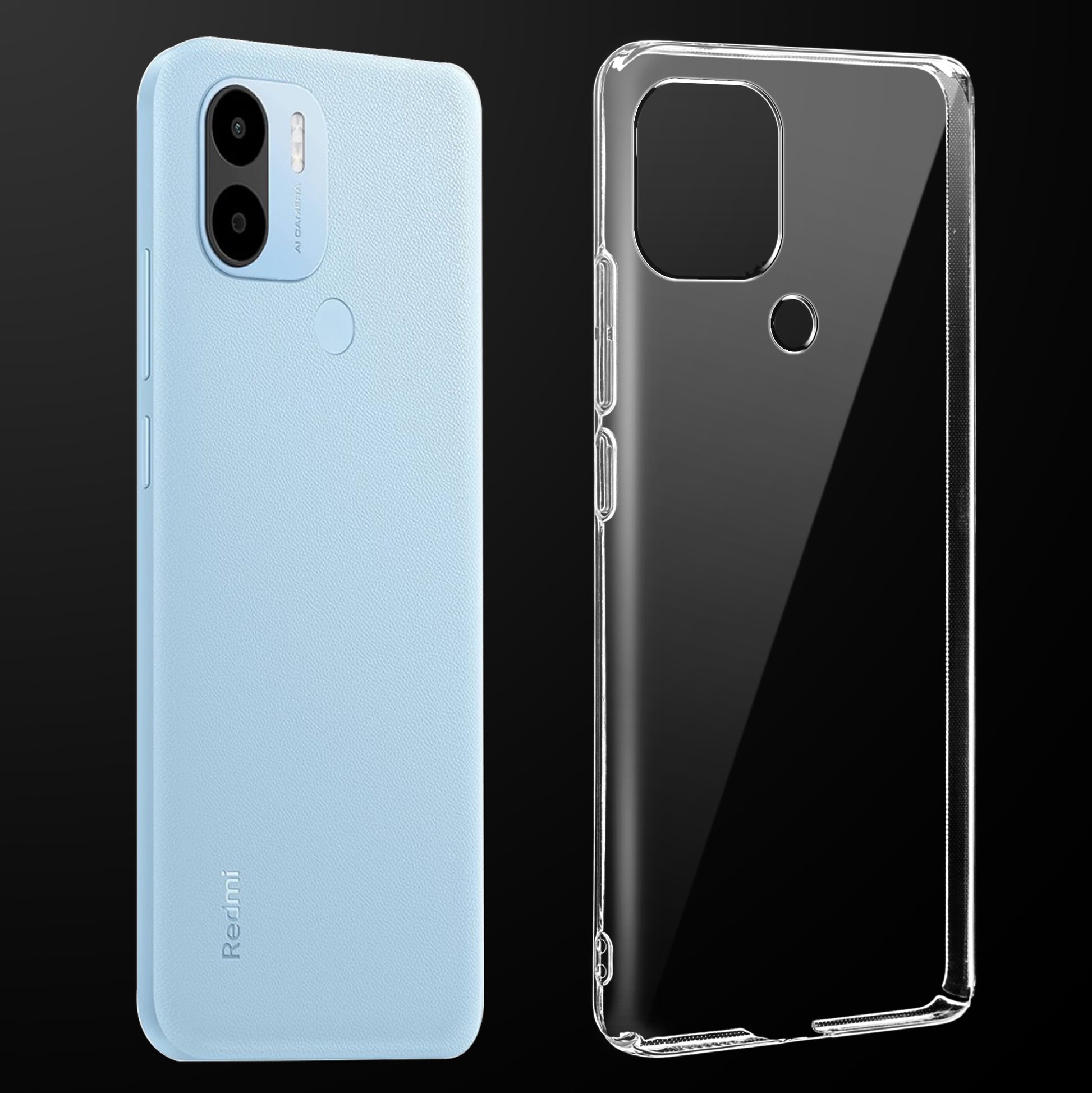 Transparent anti-yellow hard back case fitted on Redmi A2 Plus showing full back coverage and camera protection