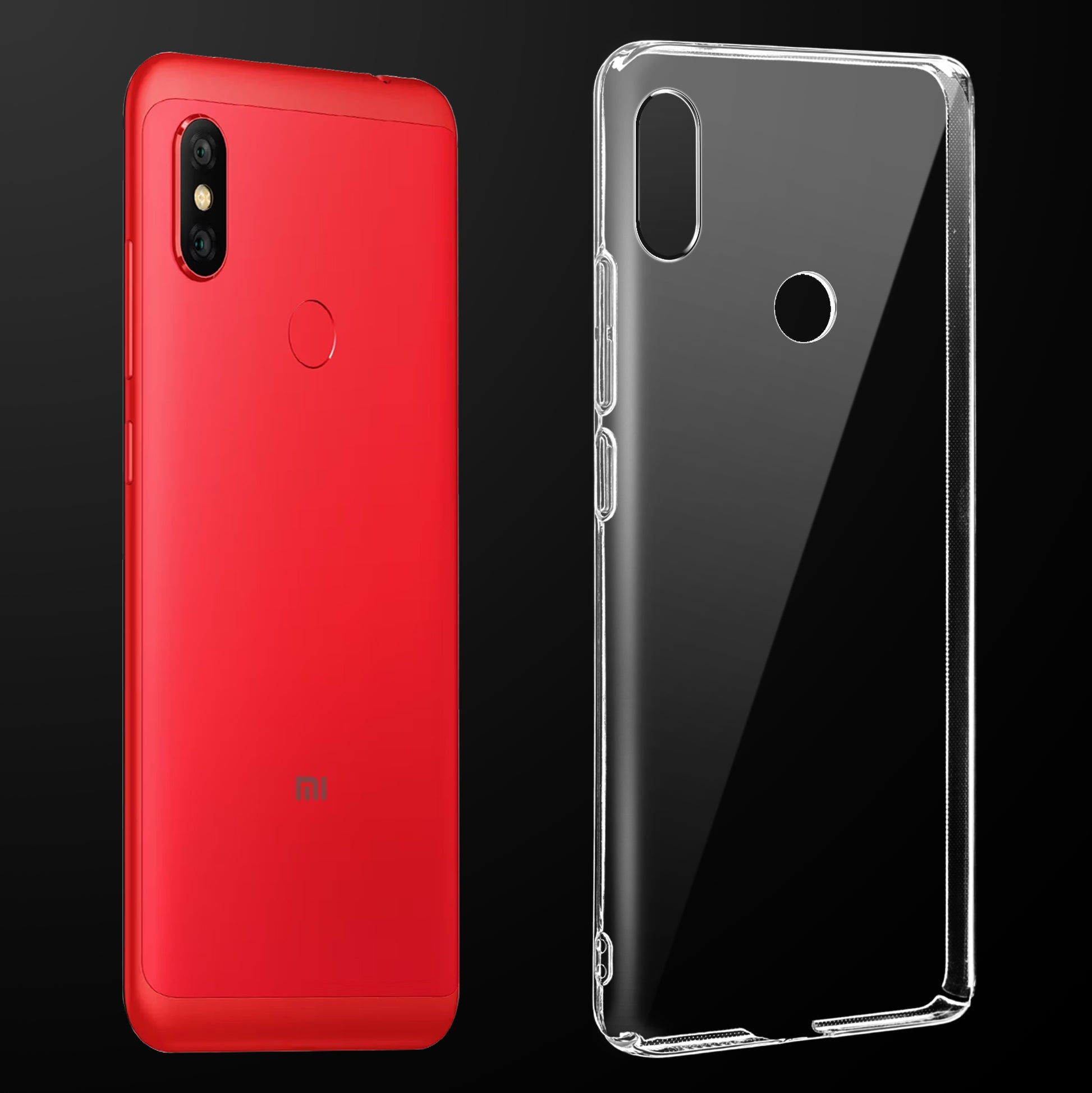 Transparent anti-yellow hard back case fitted on Redmi 6 Pro showing full back coverage and camera protection